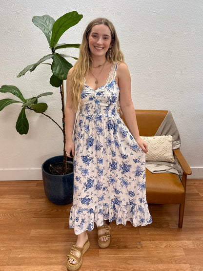 Blue Floral Smocked Ruffle Midi Dress