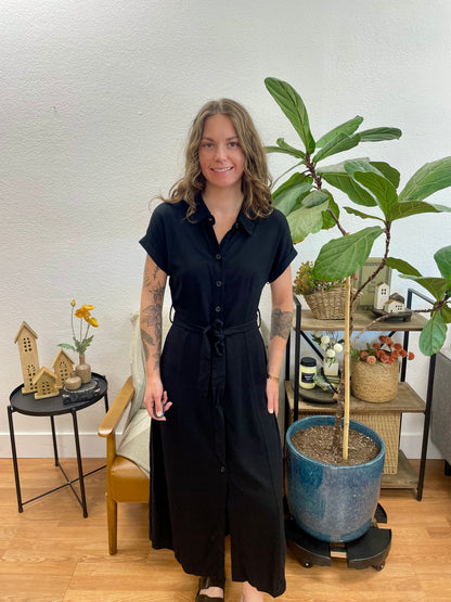 Black Belted Linen Side Slit Maxi Dress