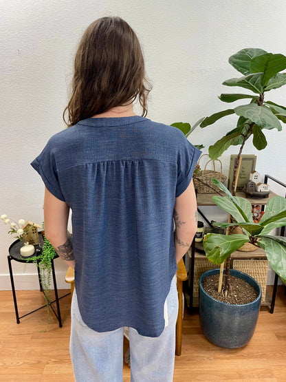 Navy Rolled Sleeve Woven Top