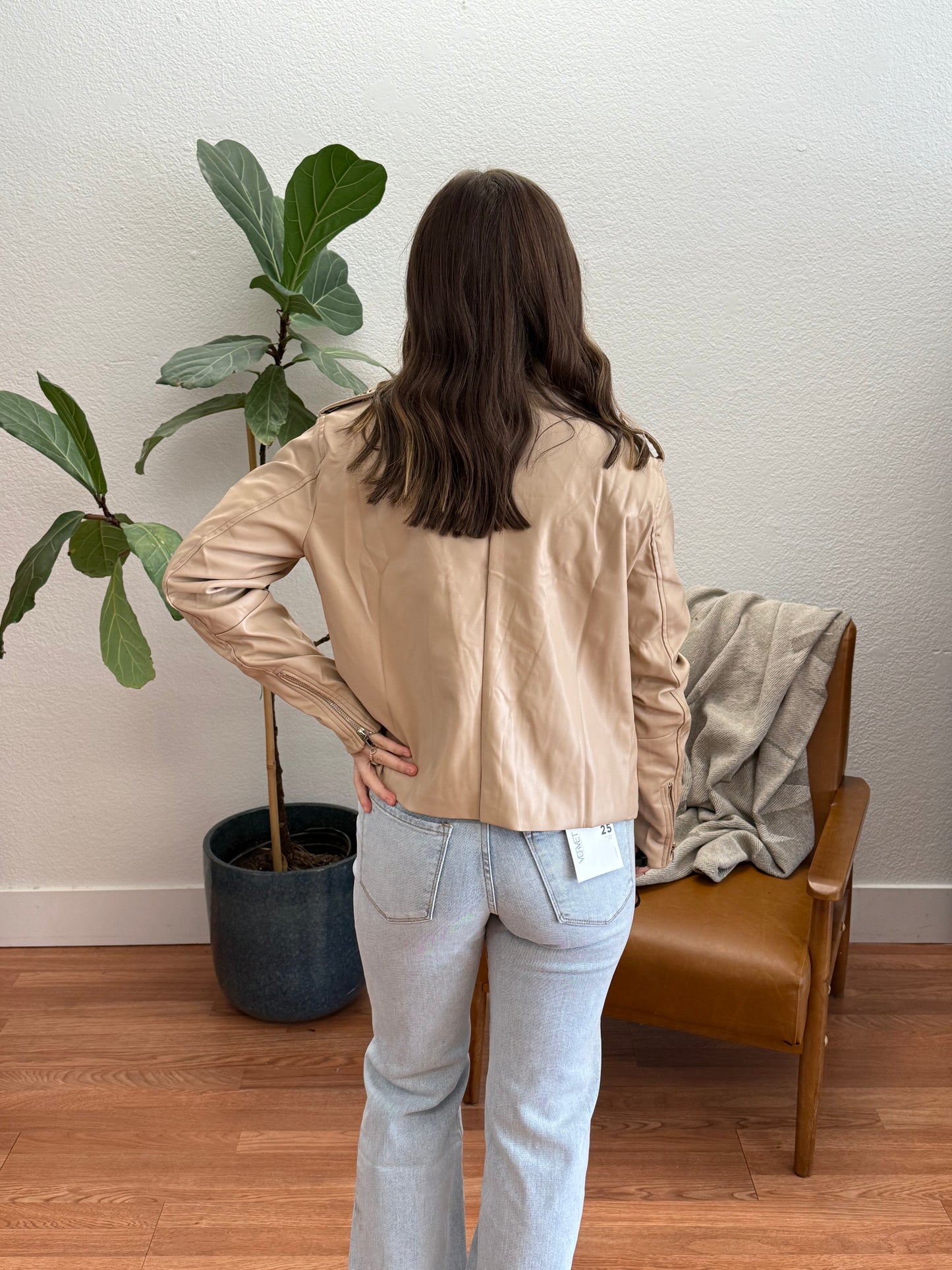 Beige Faux Leather Moto Jacket