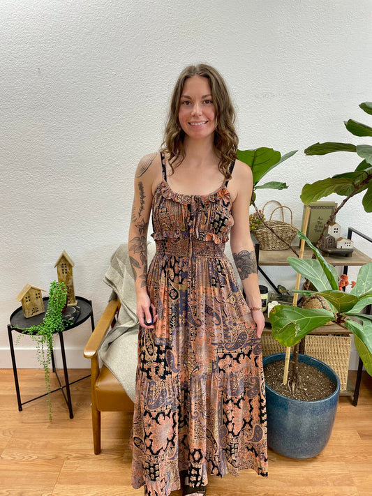 Black Scoop Neck Paisley Midi Dress
