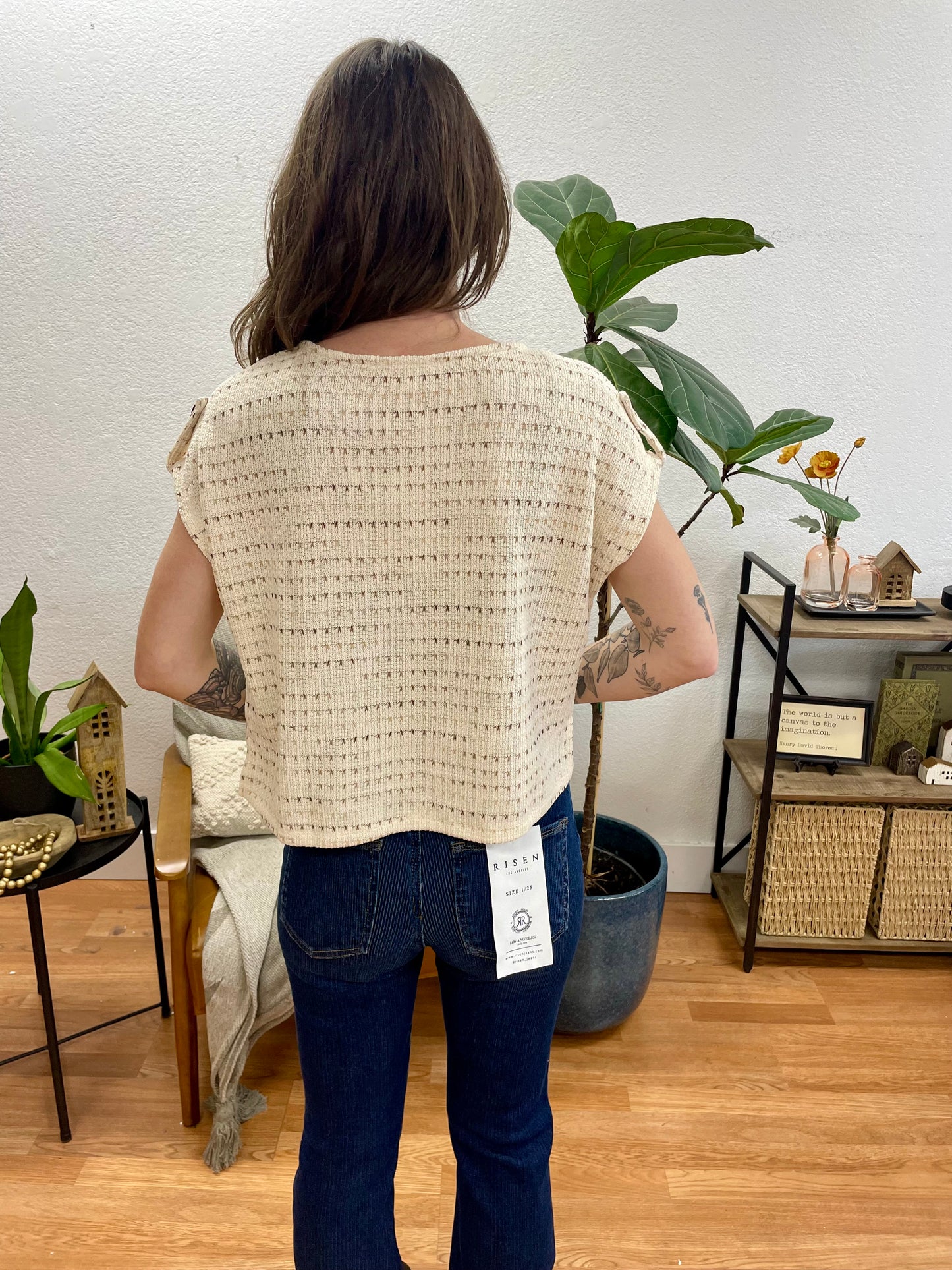 Split Neck Tab Sleeve Knit Top