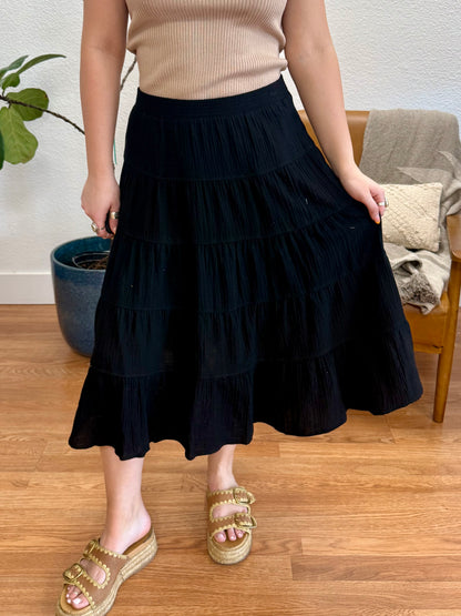 Black Double Gauze Tiered Maxi Skirt