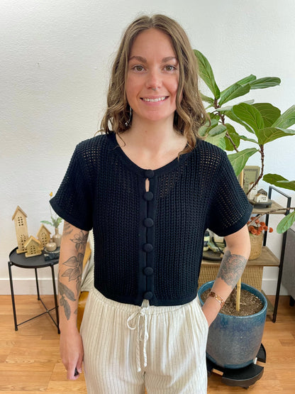 Black Crochet Short Sleeve Cardigan