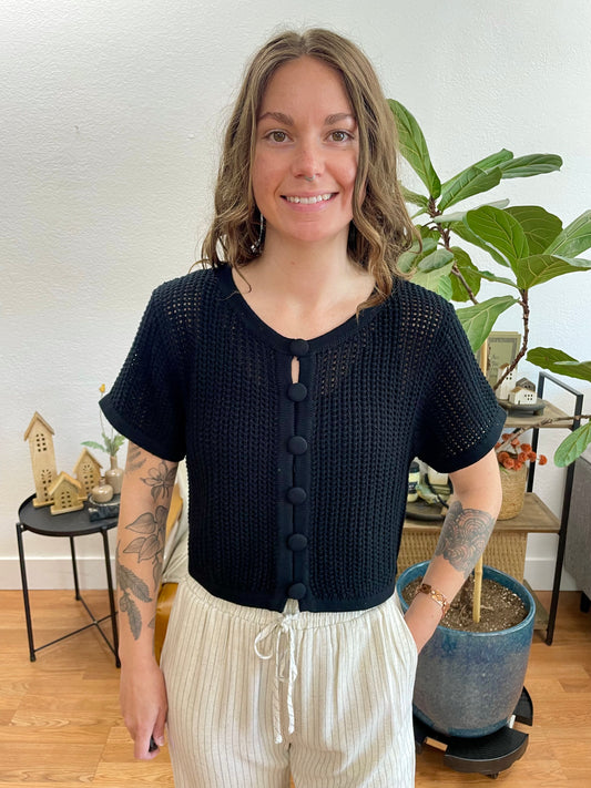 Black Crochet Short Sleeve Cardigan
