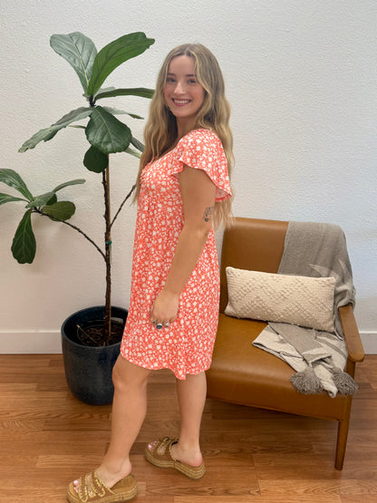 Coral Floral Ribbed Sweetheart Dress