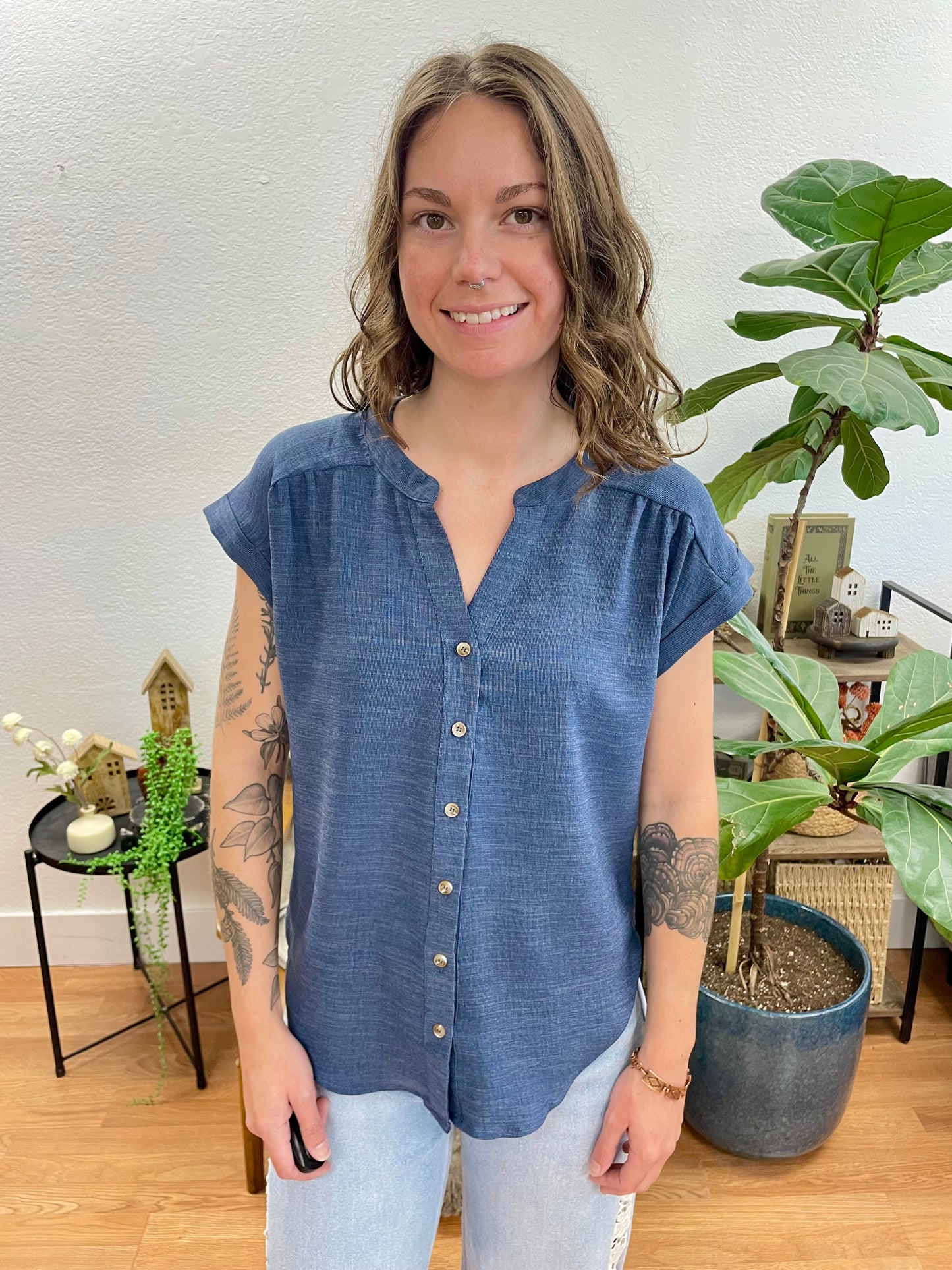 Navy Rolled Sleeve Woven Top