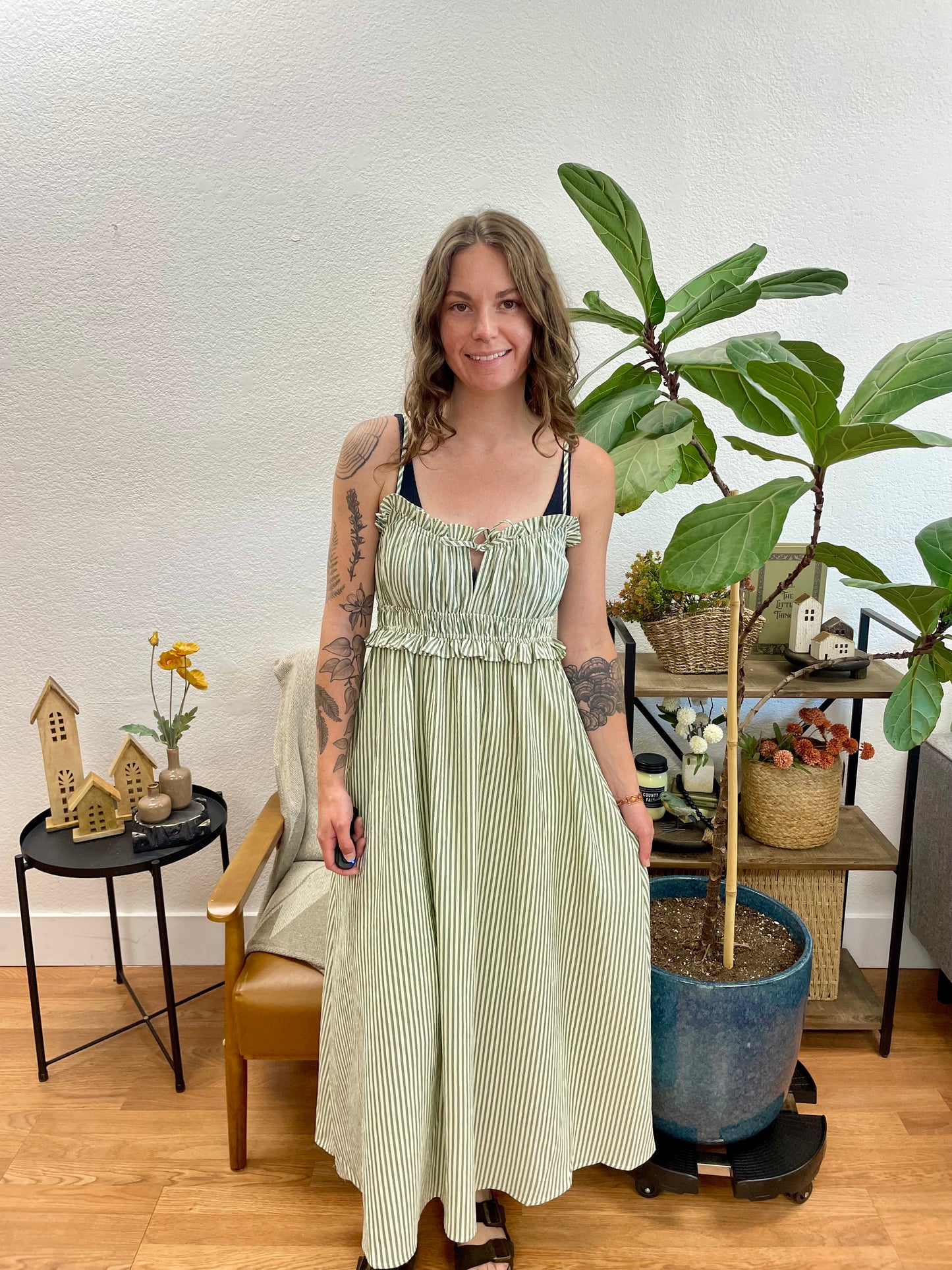 Green Striped Keyhole Detail Midi Dress