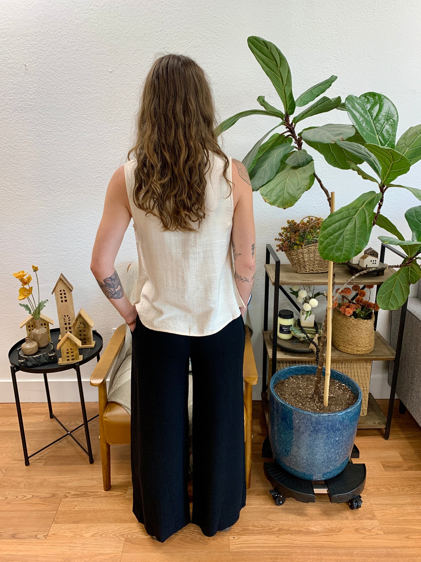 Black Smocked Waist Pants With Pockets