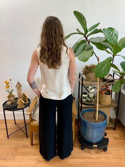 Black Smocked Waist Pants With Pockets
