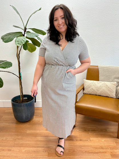 Black Stripe Surplice Woven Dress
