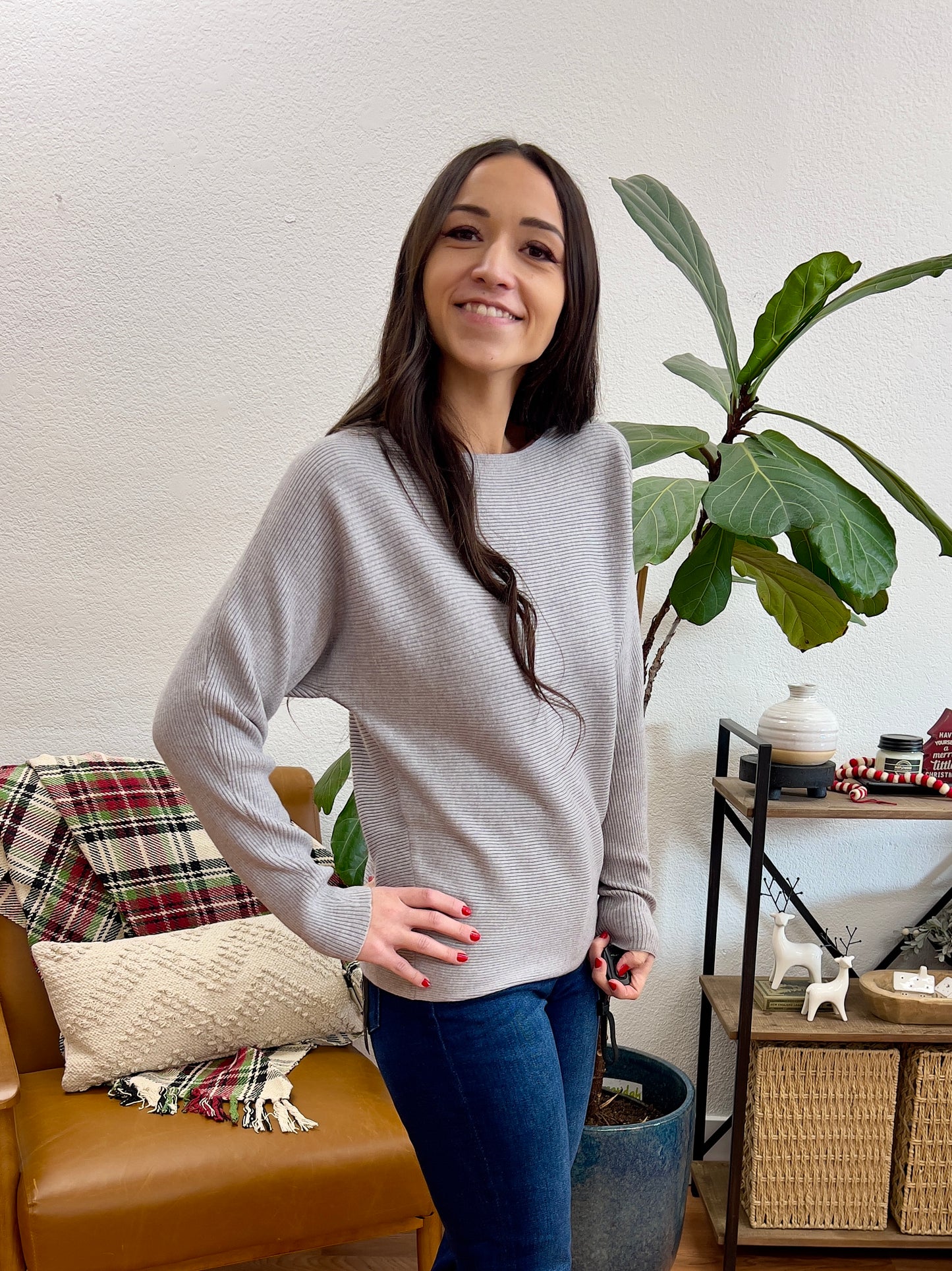 Grey Ribbed Dolman Sweater