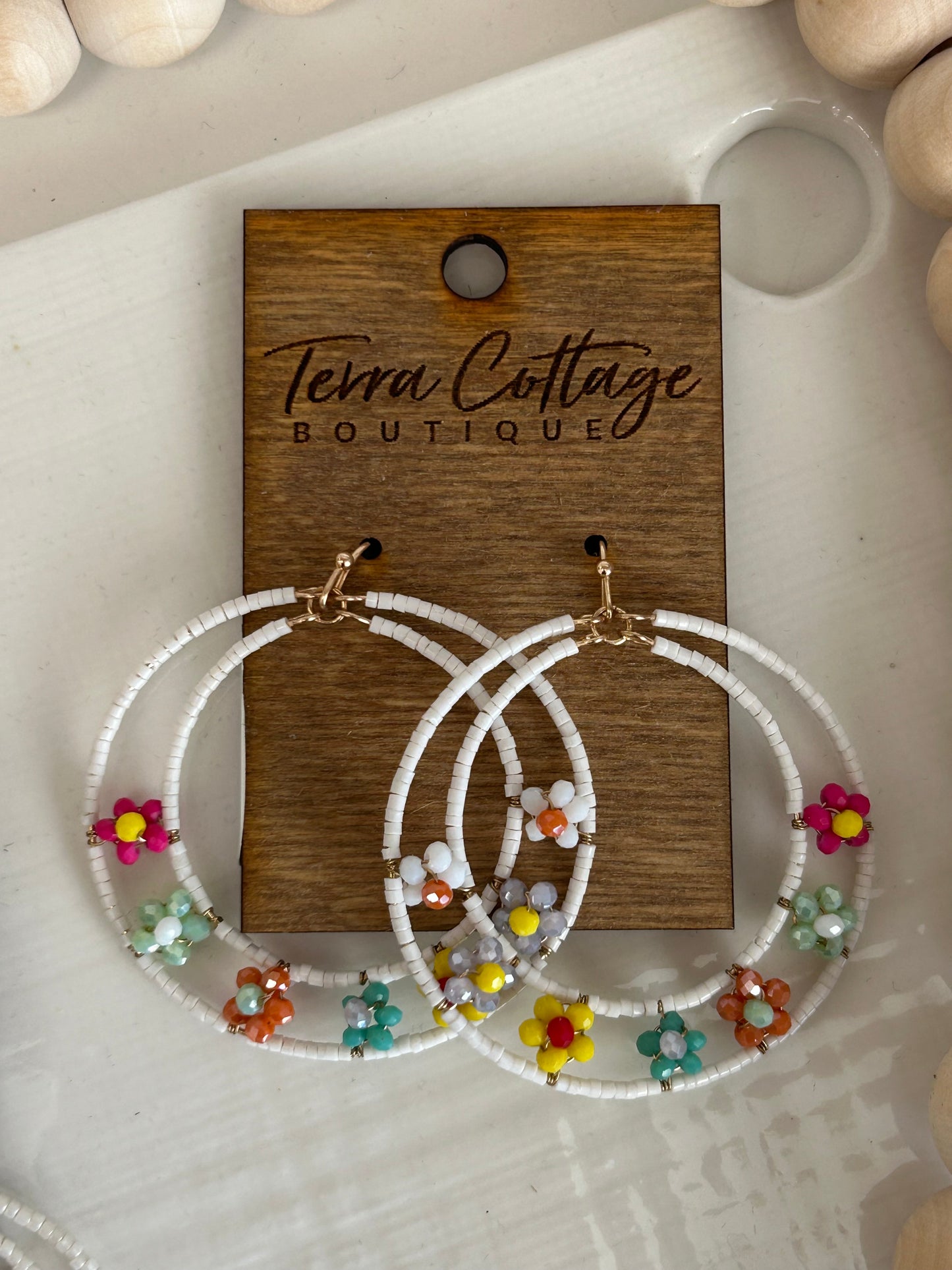 Seed Beaded Hoop & Flower Drop Earrings