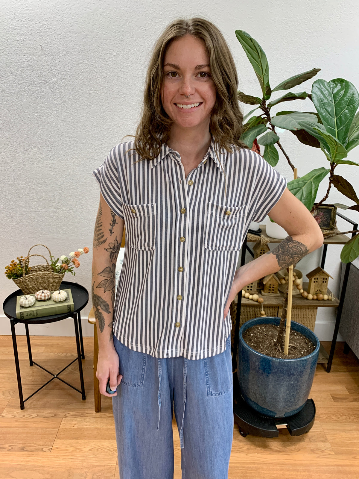 Charcoal Striped Collared Shirt