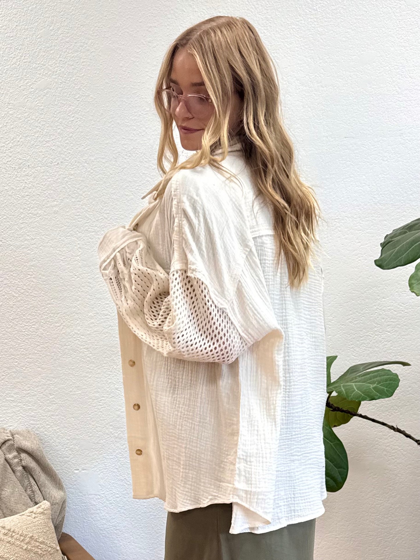Cream Eyelet Button Up Top