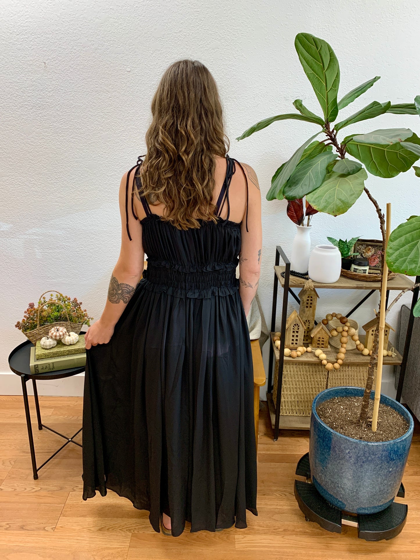 Black Square Neck Smock Maxi Dress