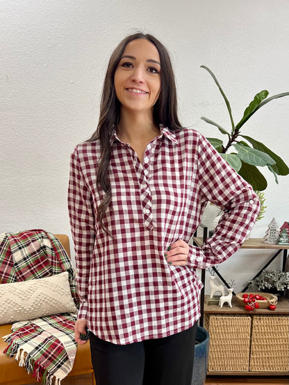 Burgundy Half Placket Gingham Shirt