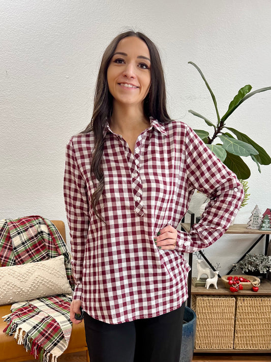 Burgundy Half Placket Gingham Shirt