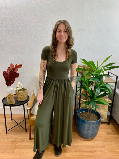 Dark Olive Double Layer Short Sleeve Jumpsuit