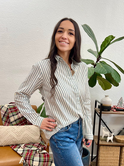 Moss Green Rolled Sleeve Striped Shirt