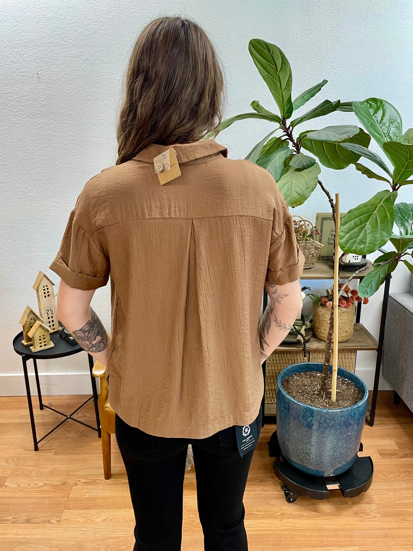 Brown Textured Button Down Top