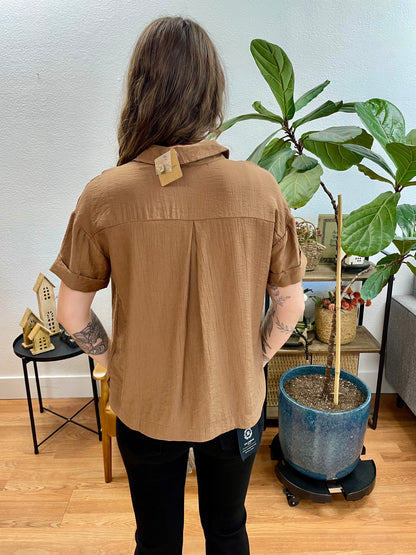 Brown Textured Button Down Top