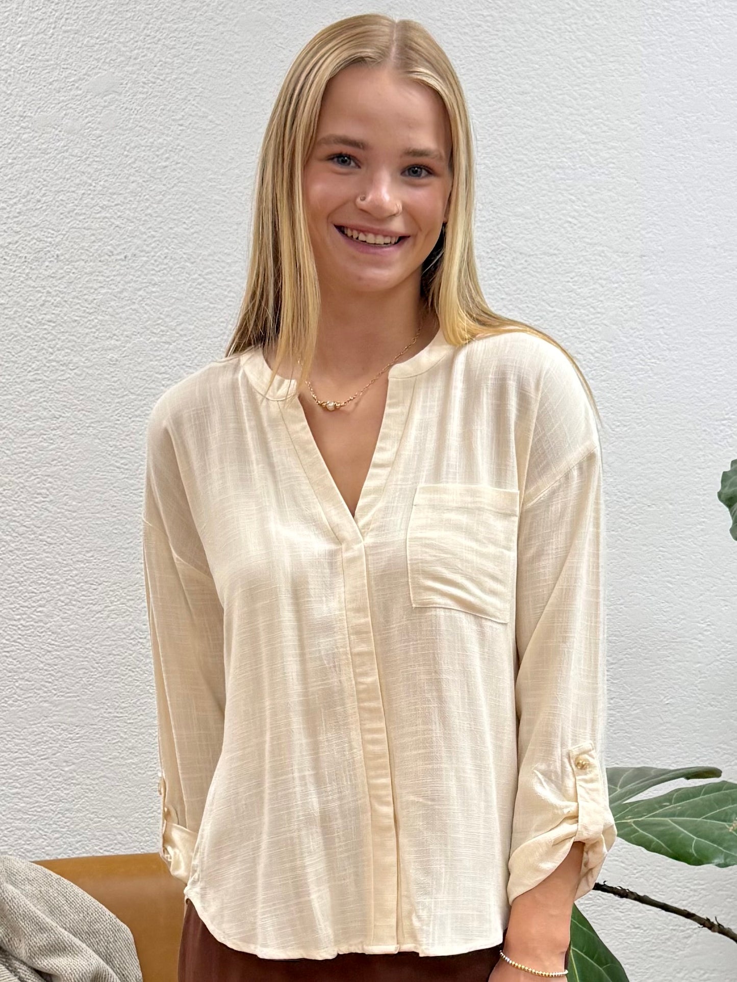 Cream Woven Tab Sleeve Blouse