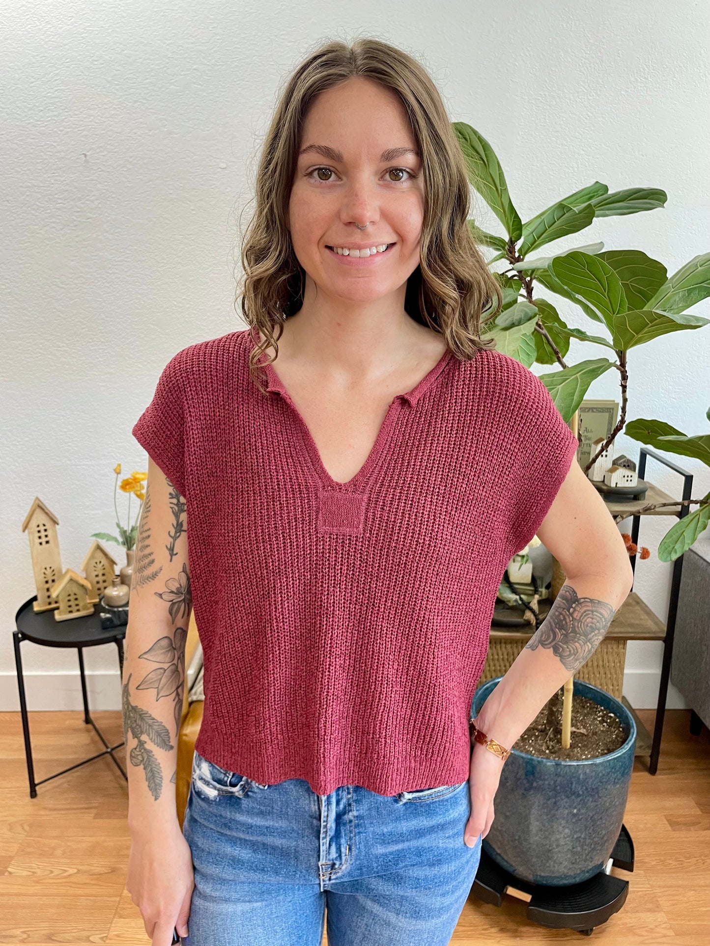 Maroon Split Neck Knit Top