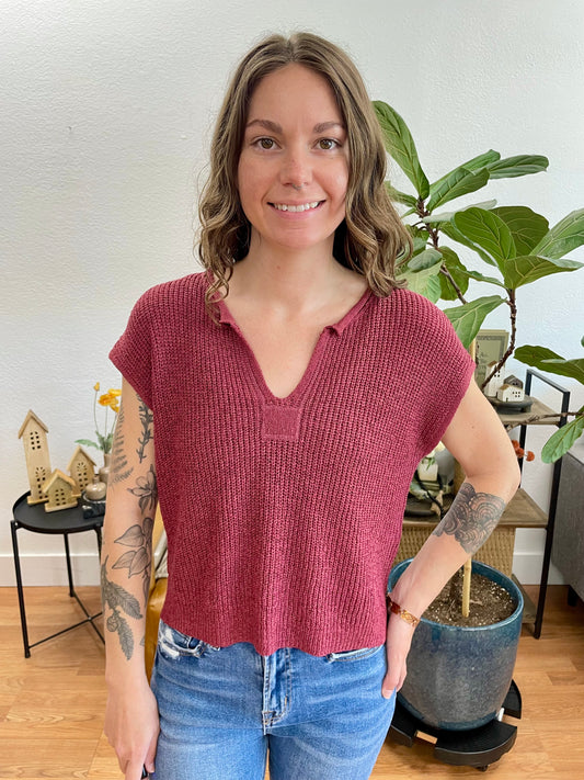 Maroon Split Neck Knit Top