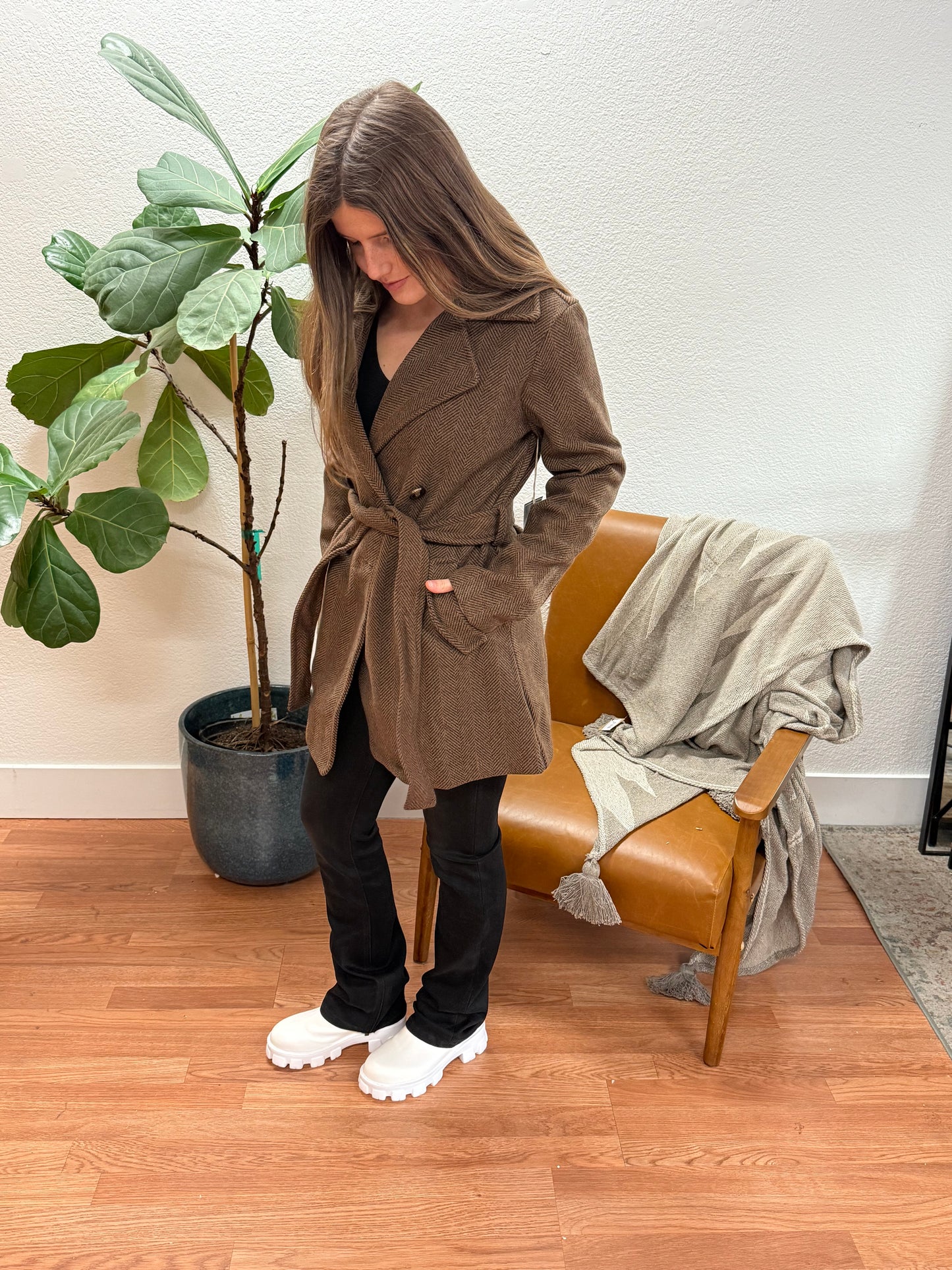 Cognac Herringbone Brush Trench Coat