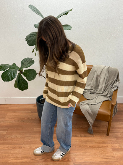 Taupe Boat Neck Stripe Pullover