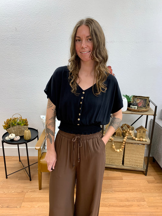 Black Button Front V Neck Top