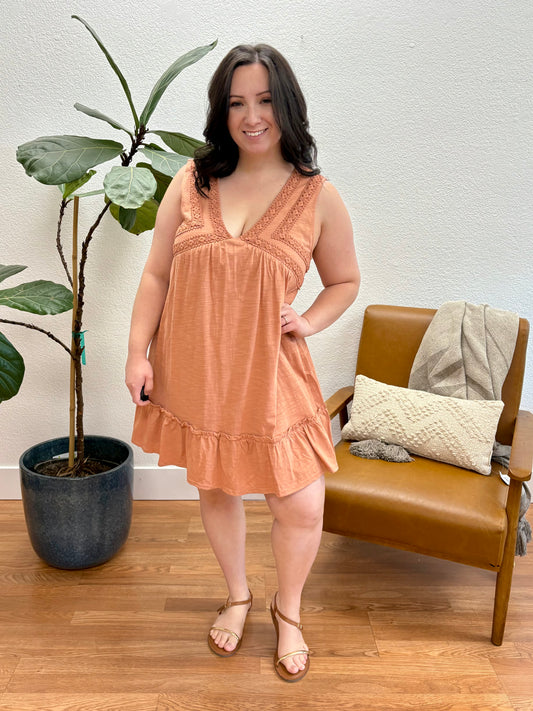 Rust V-Neck Knit Mini Dress