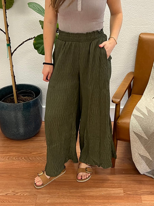 Olive Crinkle Flowy Pants