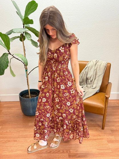 Burgundy Floral Ruffle Midi Dress