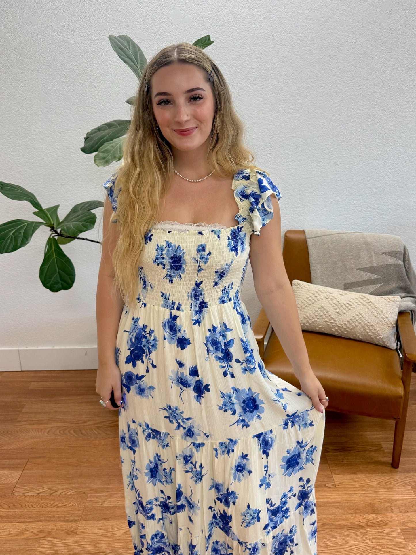 Ivory Blue Floral Maxi Dress