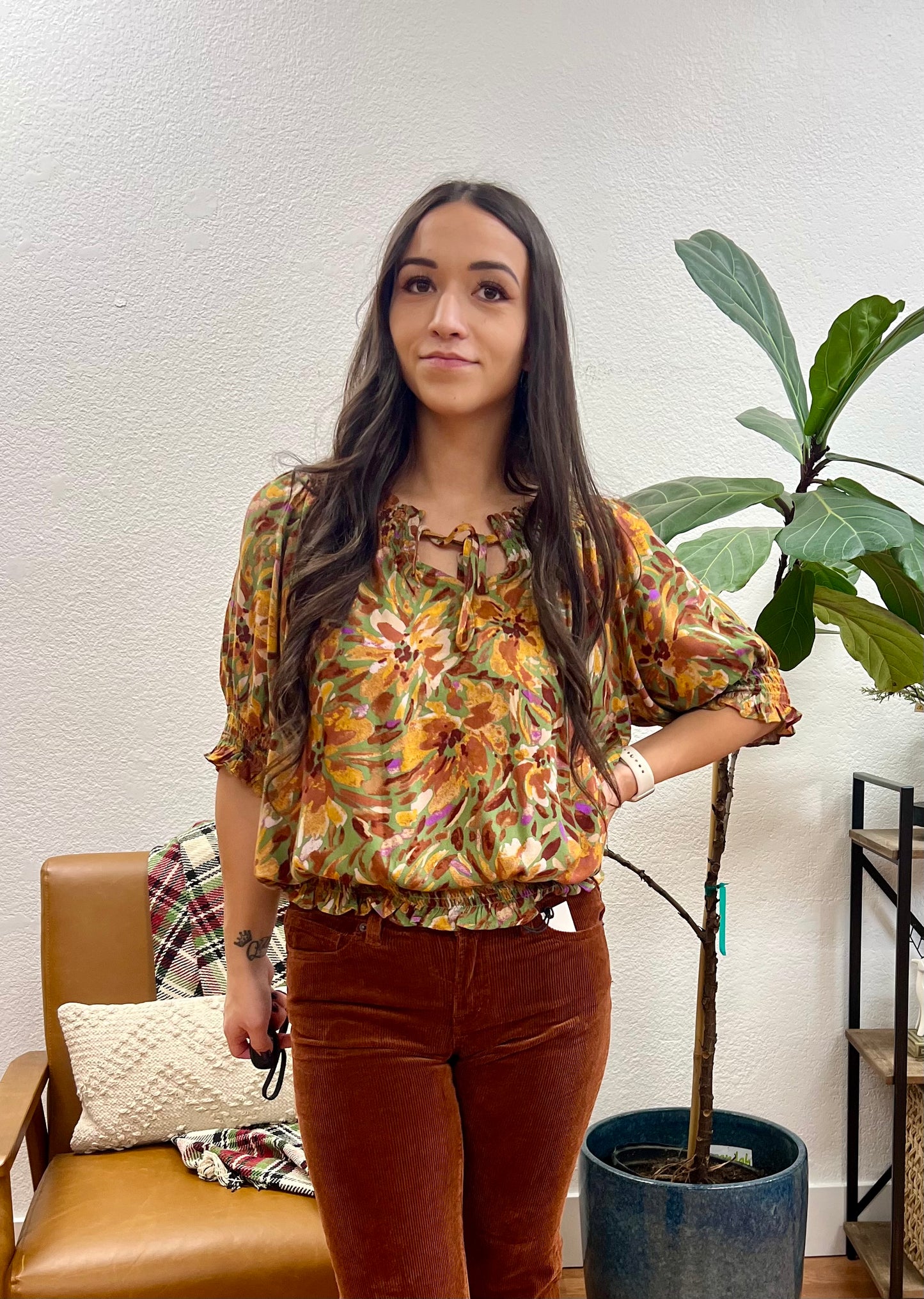 Rust Satin Floral Blouse