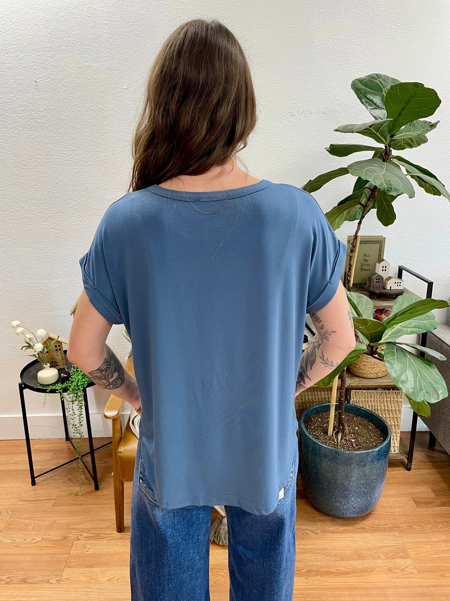 Slate Crew Neck Rolled Sleeve Top