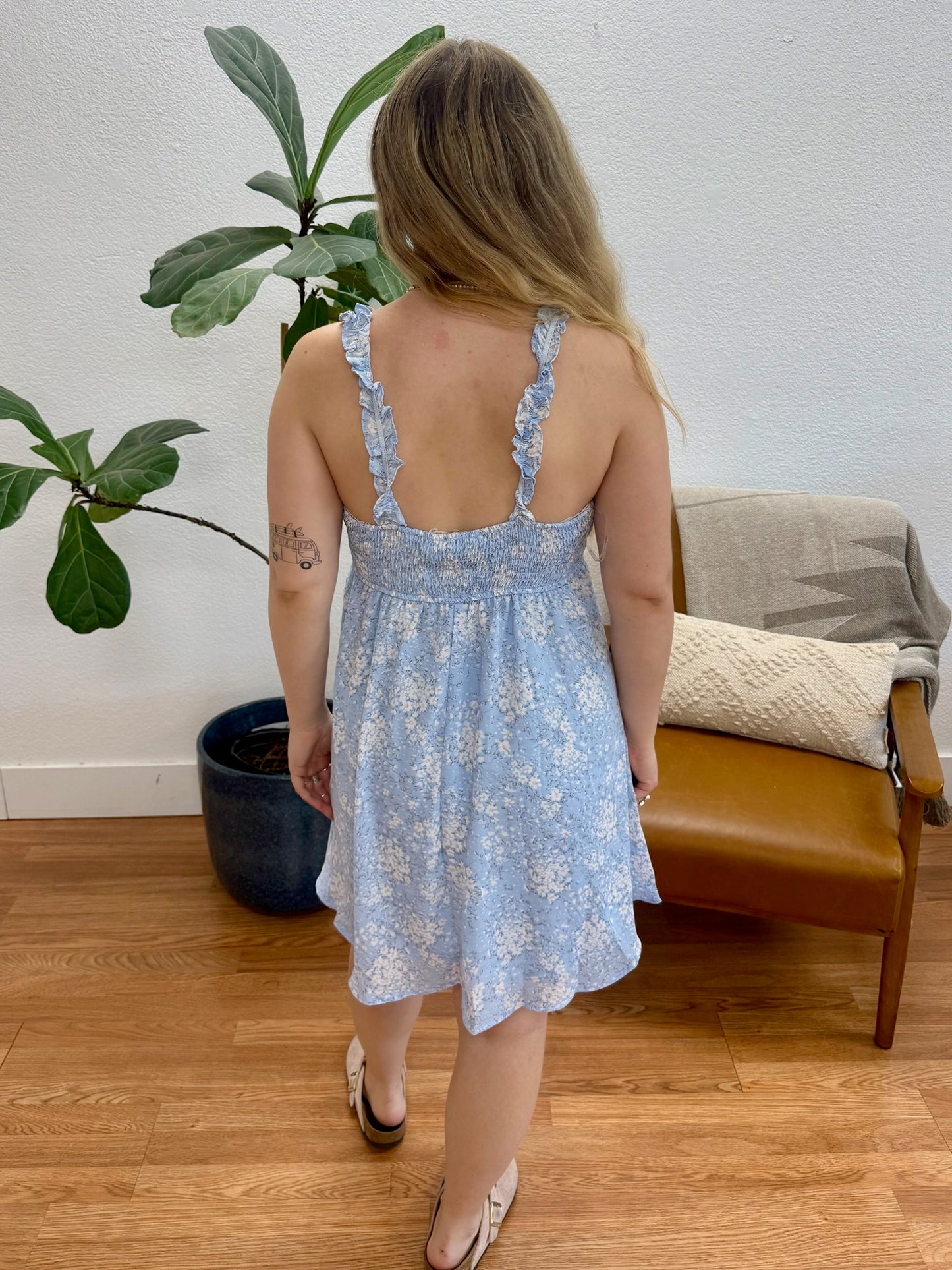 Blue Lace Up Floral A-Line Dress