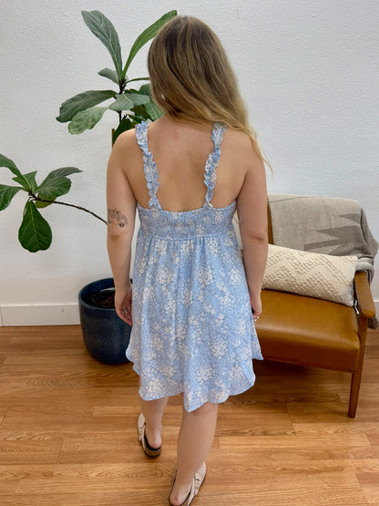 Blue Lace Up Floral A-Line Dress