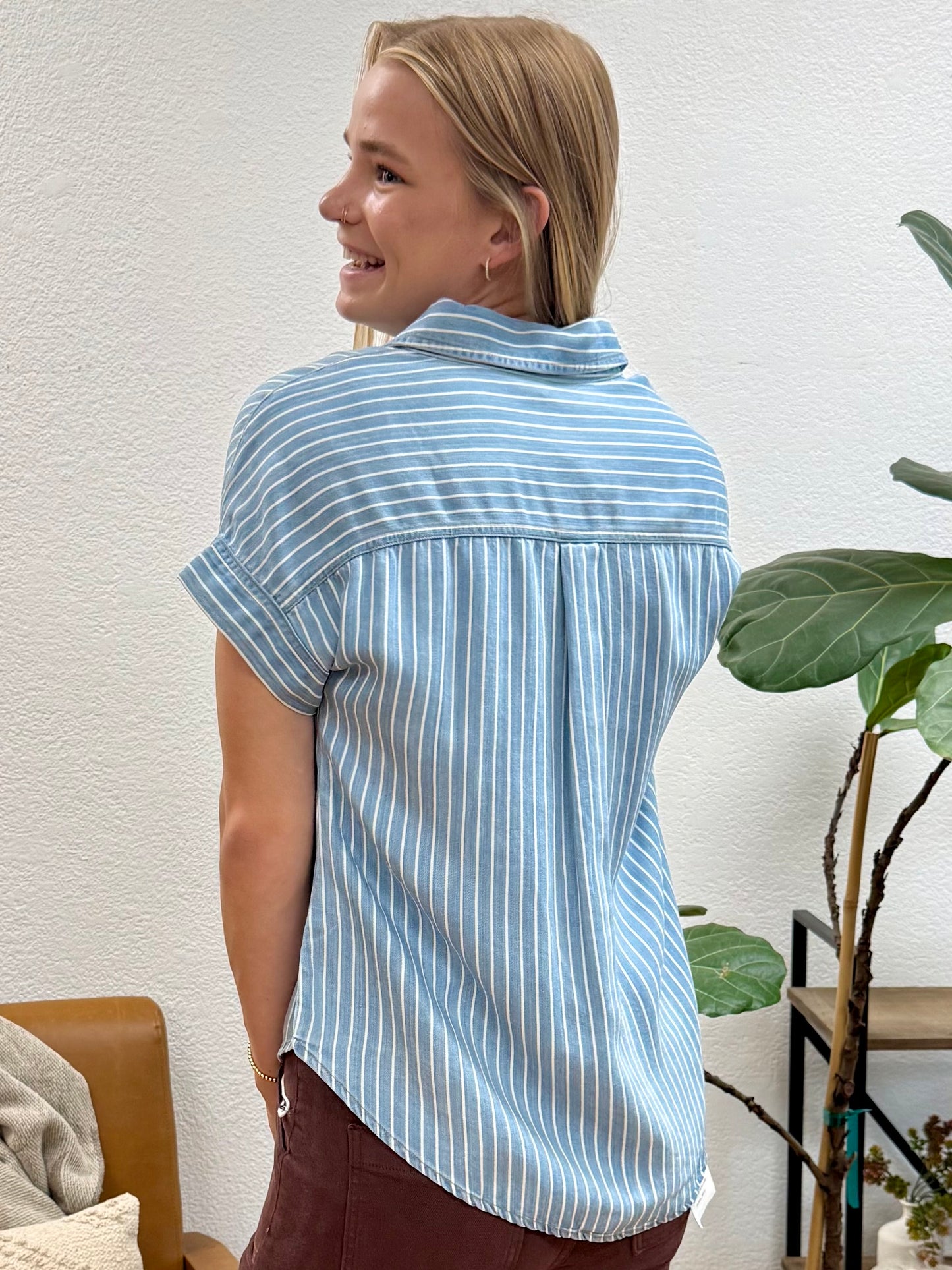 Chambray Stripe Front Pocket Button Down Top