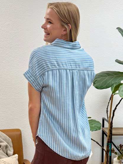 Chambray Stripe Front Pocket Button Down Top