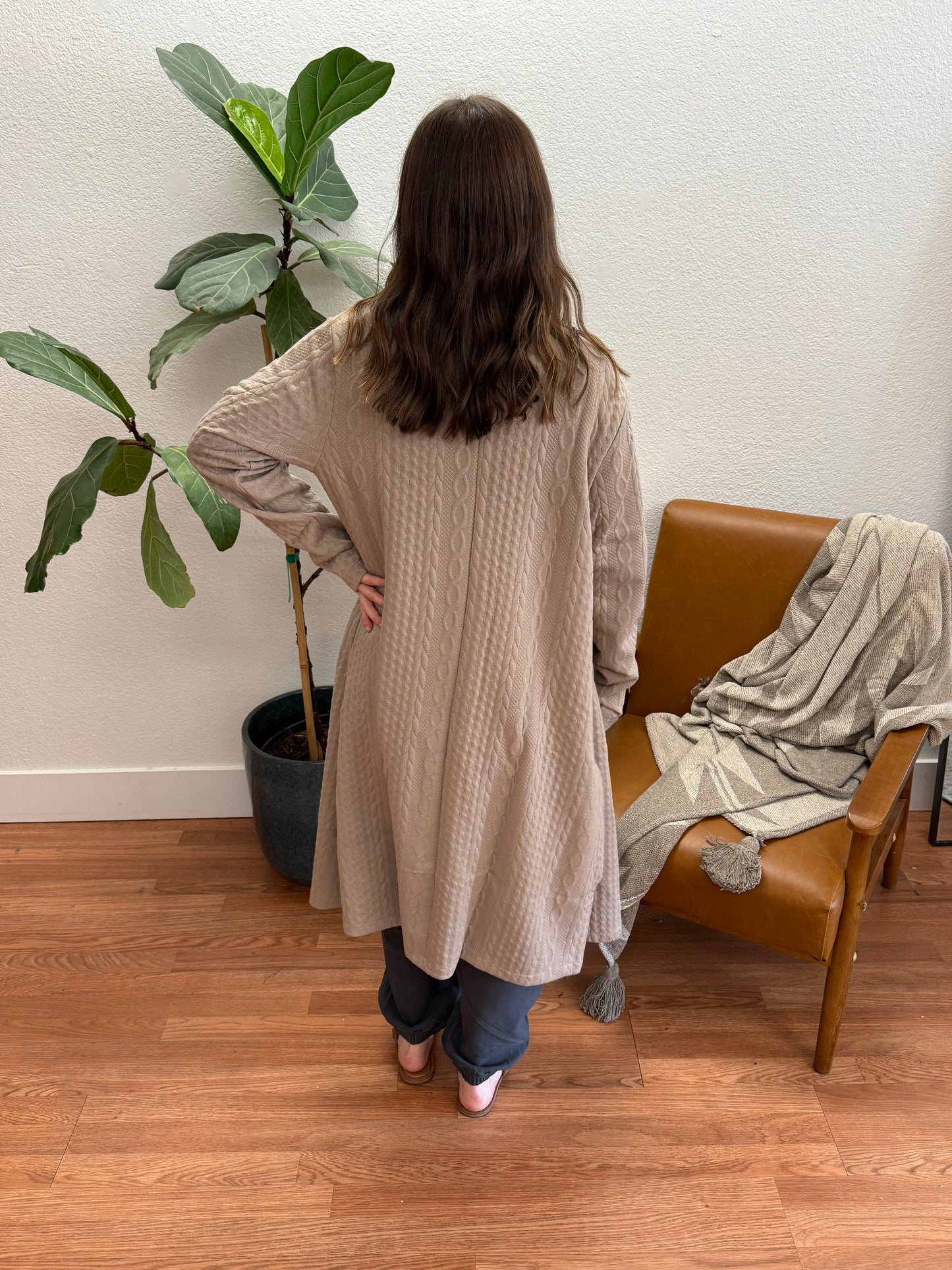 Taupe Braided Long Pocket Cardigan