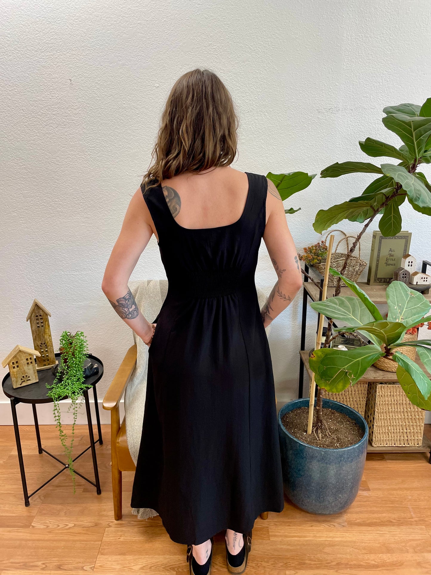 Black Button Front Square Neck Dress