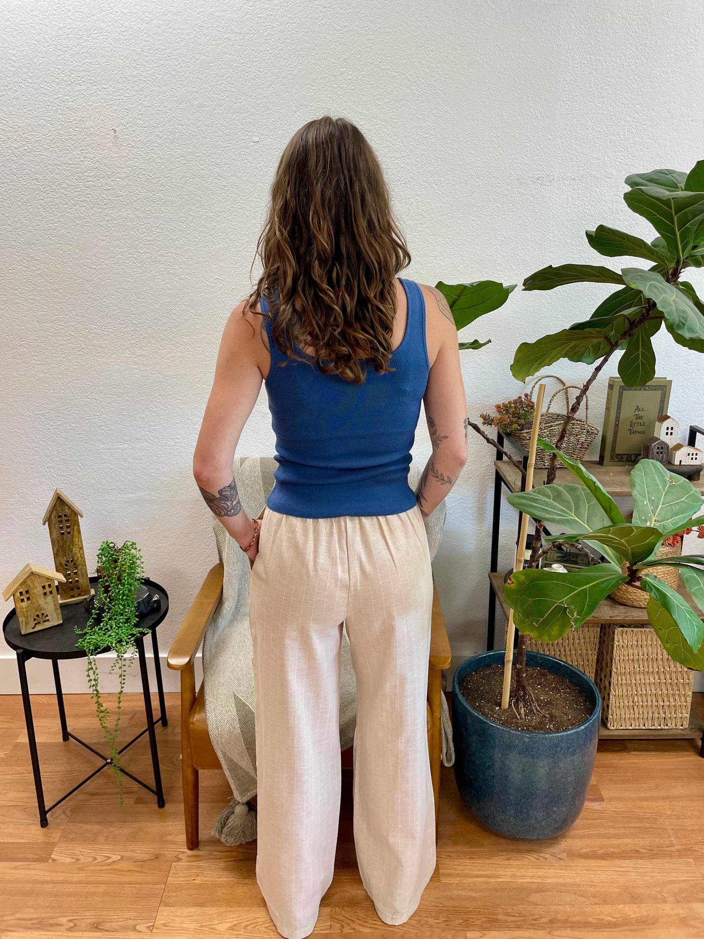 Khaki Stripe Tie Front Linen Pants