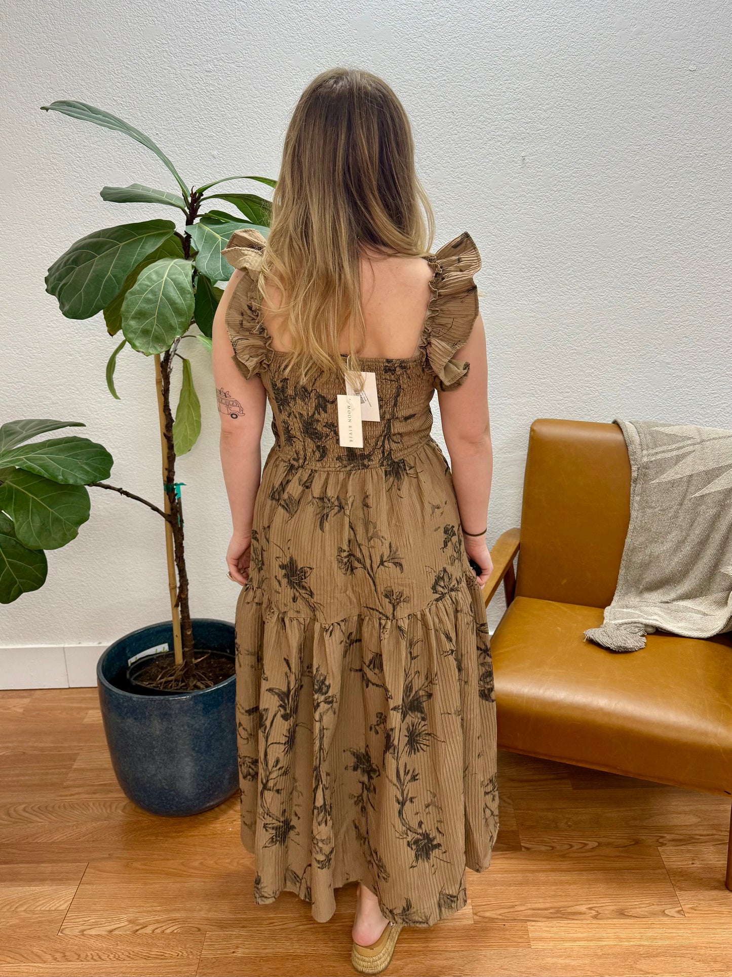 Mocha Floral Smock Maxi Dress