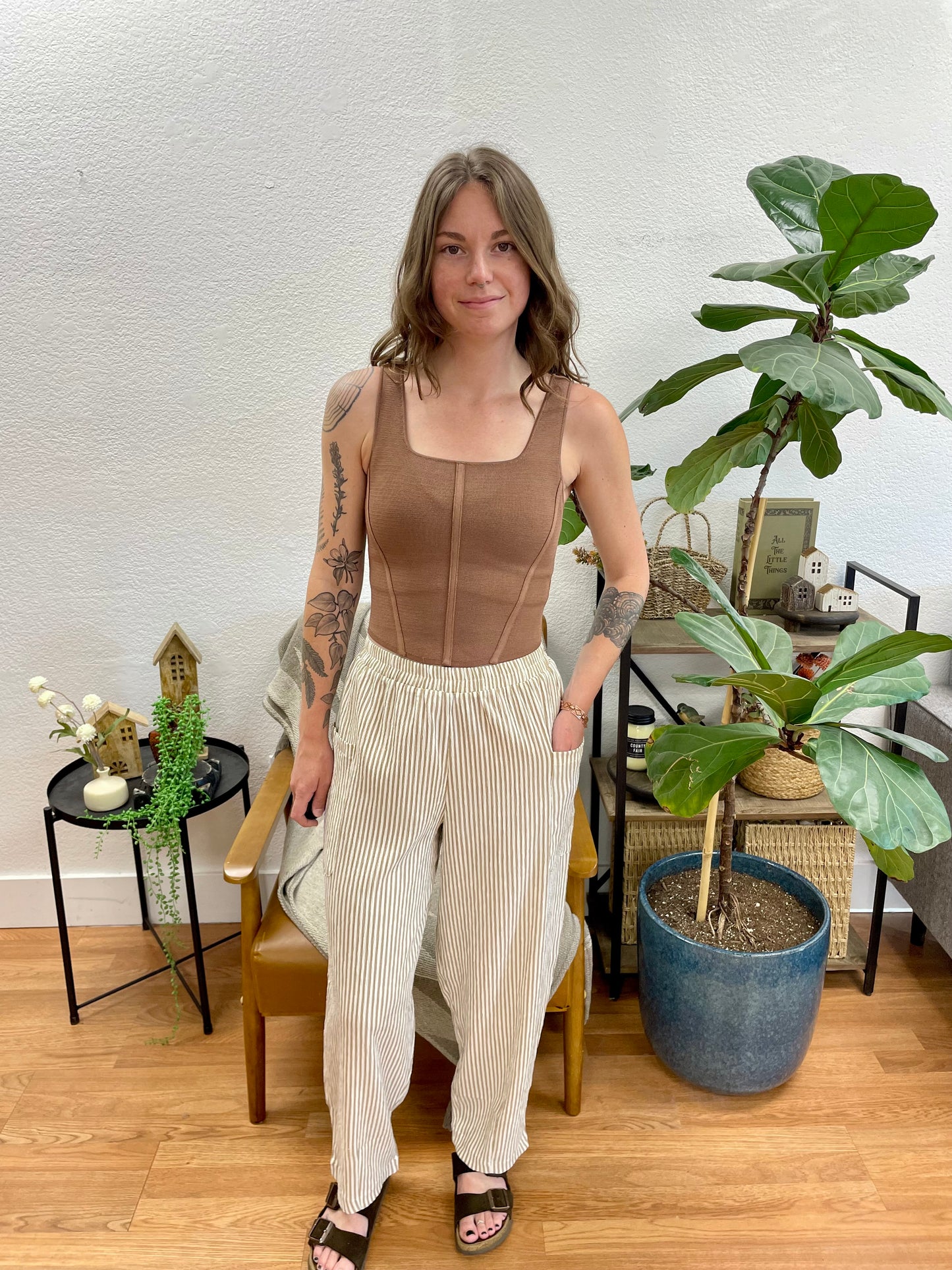 Mocha Stripe Elastic Waist Pants