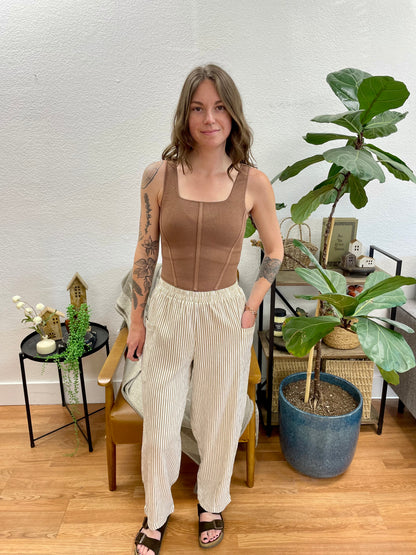 Mocha Stripe Elastic Waist Pants