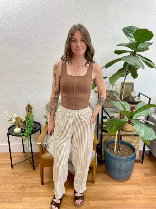 Mocha Stripe Elastic Waist Pants