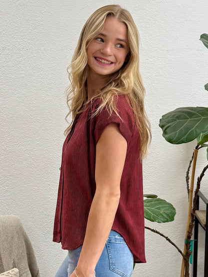 Burgundy Pinstripe Button Down Top